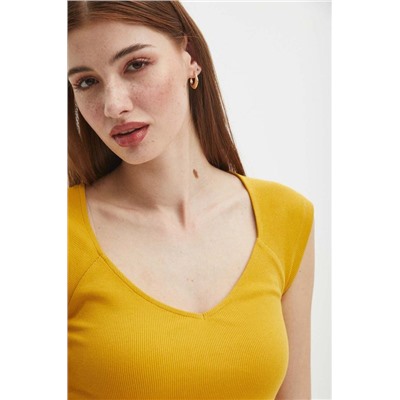 T-shirt bawełniany damski z domieszką elastanu prążkowany kolor żółty