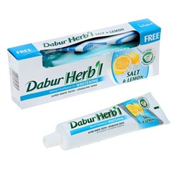 Dabur Herb'l Toothpaste Whitening Salt & Lemon with Toothbrush 150g / Аюрведическая Зубная Паста Отбеливающая с Солью и Лимоном + Зубная Щётка Ср. Жесткости 150г