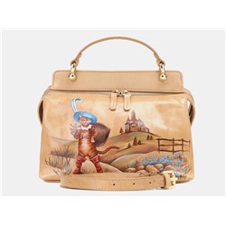 Бежевая кожаная сумка с росписью из натуральной кожи «W0042 Beige Кот в сапогах»
