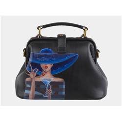 Черная кожаная сумка с росписью из натуральной кожи «W0013 Black Дама в шляпе»
