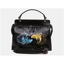 Черная кожаная сумка с росписью из натуральной кожи «W0042 Black Созвездие рыбы»