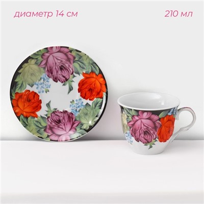 Сервиз чайный керамический на металлической подставке Доляна «Роспись», 13 предметов: 6 чашек 210 мл, 6 блюдец d=14 см, чайник 1 л