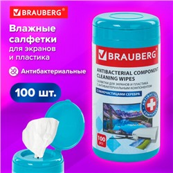 Салфетки АНТИБАКТЕРИАЛЬНЫЕ ДЛЯ МОНИТОРОВ И ПЛАСТИКА, ПЛОТНЫЕ, BRAUBERG, 100 шт., 513476