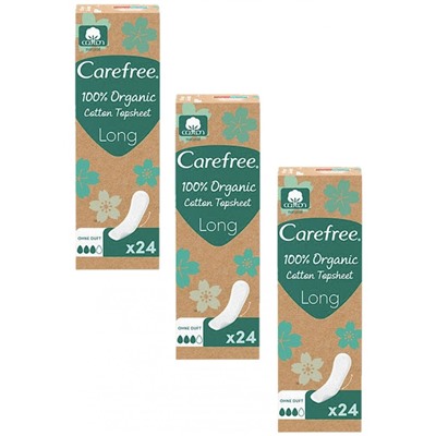 Carefree  Slipeinlagen Organic Cotton Long 24 St, Карефри Ежедневные прокладки из органического хлопка Long 24шт, 3 упаковки (72 штуки)