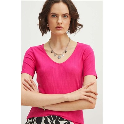 T-shirt damski prążkowany kolor różowy