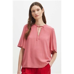 Bluzka damska z wiskozy z wiązanym dekoltem kolor różowy