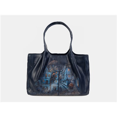 Синяя кожаная сумка с росписью из натуральной кожи «W0032 Blue Стимпанк»