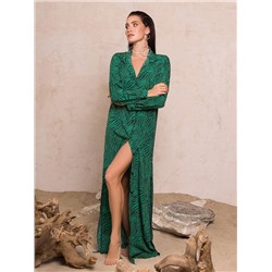 Зеленое  принтованное платье-туника с длиной в пол