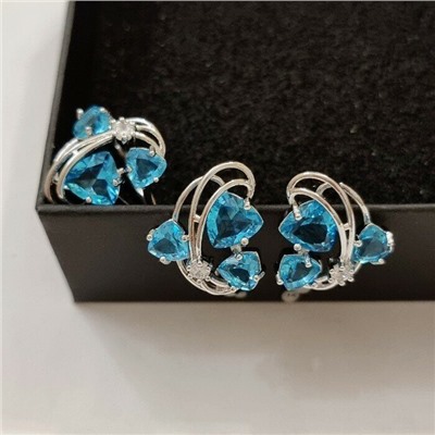 Комплект ювелирная бижутерия, серьги и кольцо посеребрение, камни цвет голубой, р-р 18, 77221 арт.847.916