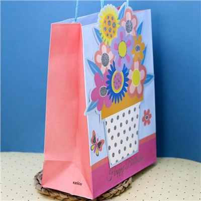 Пакет подарочный (M) «Happy B-day flower», pink (26*32*12)