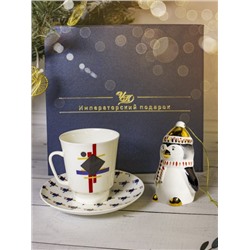 Новогодний подарок средний Чашка с блюдцем чайная Майская *Супрематический орнамент+Пингвин (полосатый шарф) +Подарочная упаковка