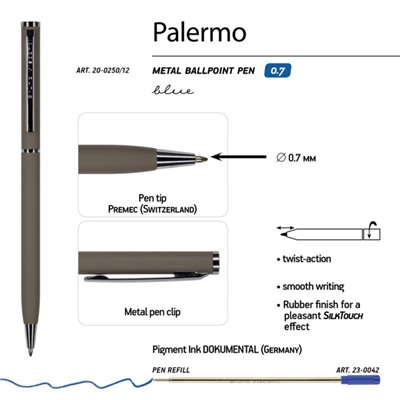 Ручка шариковая поворотная, 0.7 мм, BrunoVisconti PALERMO, стержень синий, металлический корпус Soft Touch серый, в красном футляре