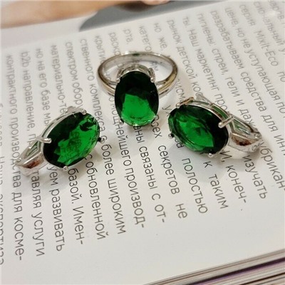 Комплект ювелирная бижутерия, серьги и кольцо посеребрение, камни цвет зеленые, р-р 20, 54168, арт.847.941