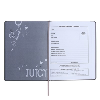 Дневник универсальный 1-11 класс, 48 листов JIUCY, твёрдая обложка из искусственной кожи, тиснение фольгой, блинтовое тиснение, стразы, ляссе