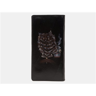Кожаное портмоне с росписью из натуральной кожи «PR001 Black Утренняя сова»