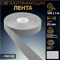 Светоотражающая лента, 25 мм, 100 ± 1 м, цвет серый