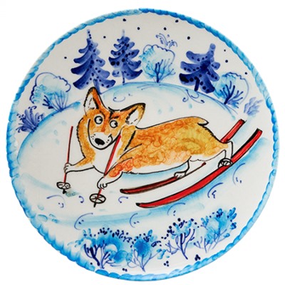 Тарелка роспись 11 см "Корги на лыжах"