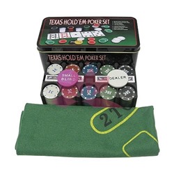 Набор для игры в покер на 200 фишек с номиналом в металлической коробке