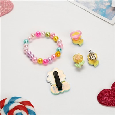 Комплект детский «Выбражулька» 4 предмета: заколка, клипсы, браслет, кольцо, цветочки, цветной