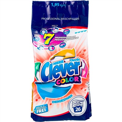 Порошок Clever COLOR для стирки Цветных тканей 1.95 кг (26 стирок) пакет, 550805