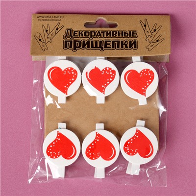 Прищепки декоративные «Сердечки» набор 6 шт., 2 × 11,5 × 16 см
