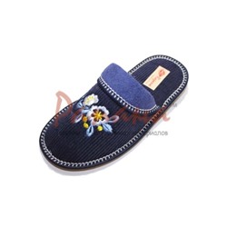 Домашняя обувь женская вельвет синий, вышивка "Белый Цветок" 501024