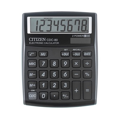 Калькулятор настольный Citizen "CDC-80BKWB", 8-разрядный, 109 х 135 х 25 мм, двойное питание, черный