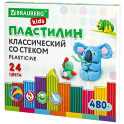 Пластилин классический BRAUBERG KIDS, 24 цвета, 480 грамм, стек, ВЫСШЕЕ КАЧЕСТВО, 106437