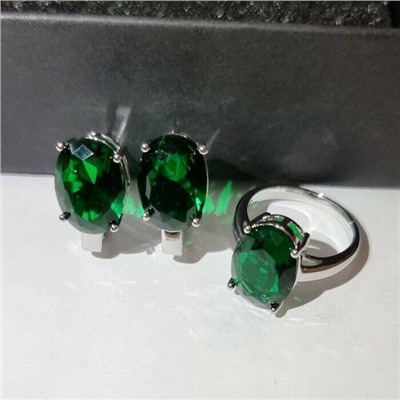 Комплект ювелирная бижутерия, серьги и кольцо посеребрение, камни цвет зеленые, р-р 19, 54168, арт.847.939
