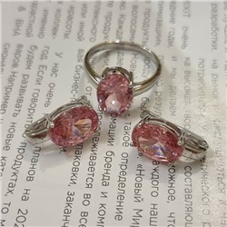 Комплект ювелирная бижутерия, серьги и кольцо посеребрение, камни цвет розовый, р-р 17, 54168, арт.847.955