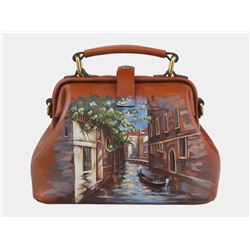 Коньячная кожаная сумка с росписью из натуральной кожи «W0013 Cognac Венецианский канал»