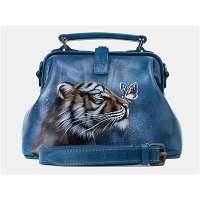Аквамариновая кожаная сумка с росписью из натуральной кожи «W0013 Aqua Тигр знакомство»