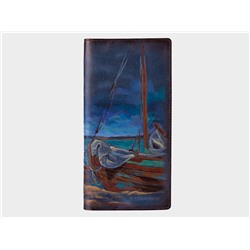 Кожаное портмоне с росписью из натуральной кожи «PR001 Blue Лодки на берегу»