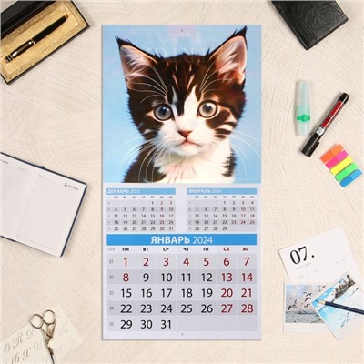 Календарь перекидной на скрепке "Котята" 2024 год, 28,5 х 28,5 см