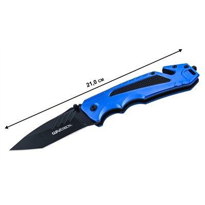Складной нож танто Wartech PWT215BL (синий) - Клинок изготовлен из прочной и нержавеющей стали 3Cr13. Общая длина в разложенном виде - 210 мм, длина клинка - 85 мм, вес - 163 г. Складной нож оснащен стеклобоем и стропорезом. №707