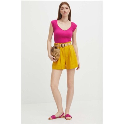 T-shirt bawełniany damski z domieszką elastanu prążkowany kolor fioletowy