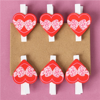 Прищепки декоративные «Сердечки с бантиком» набор 6 шт., 2 × 11,5 × 16 см