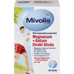 Mivolis Magnesium + Kalium Direkt-Sticks Магний + Калий в стиках для снижения утомляемости и нормальной функции мышц, 30 шт