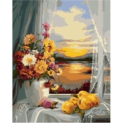 Картина по номерам 40х50 - Цветы и фрукты на окне