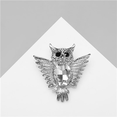 Брошь «Сова» с распахнутыми крыльями, цвет белый в серебре