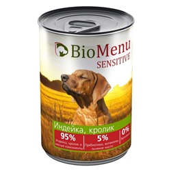 Консервы BioMenu SENSITIVE для собак индейка/Кролик 95%-мясо , 410гр