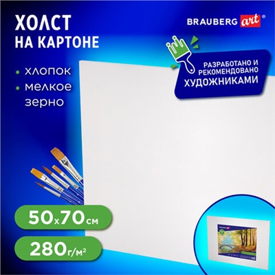 Холст на картоне BRAUBERG ART CLASSIC, 50*70см, грунтованный, 100% хлопок, мелкое зерно, 191022