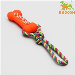 Игрушка резиновая "Кость" (14 см) с ручкой из каната для собак, до 37 см, микс цветов
