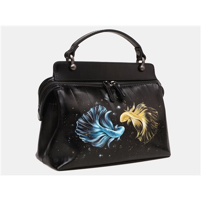 Черная кожаная сумка с росписью из натуральной кожи «W0042 Black Созвездие рыбы»