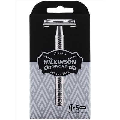 Станок для бритья Классический Т-образный Wilkinson Sword/ Schick Classic Double Edge Premium(+ 5 двусторонних лезвия, Pillar Box)
