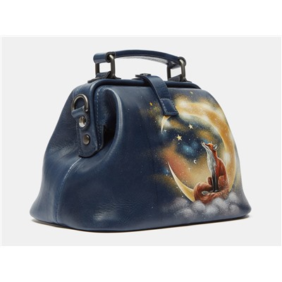 Синяя кожаная сумка с росписью из натуральной кожи «W0013 Blue Лис на луне»