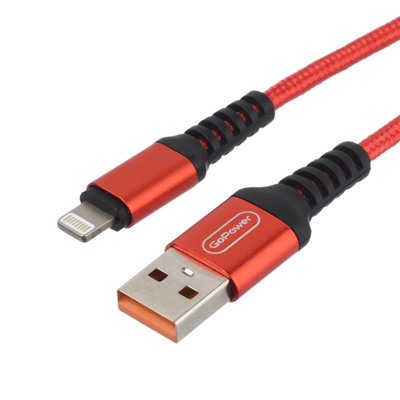 Кабель GoPower GP02L, Lightning - USB, 2.4 А, 1 м, передача данных, нейлон, красный