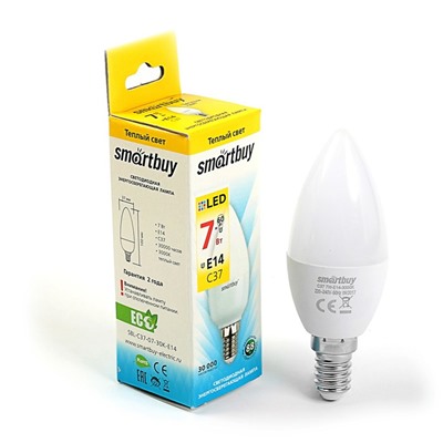 Лампа cветодиодная Smartbuy, C37, 7 Вт, E14, 3000 К, теплый белый