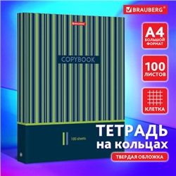 Тетрадь на кольцах БОЛЬШАЯ А4 (225х300 мм), 100 листов, твердый картон, клетка, BRAUBERG, Полосы, 403273