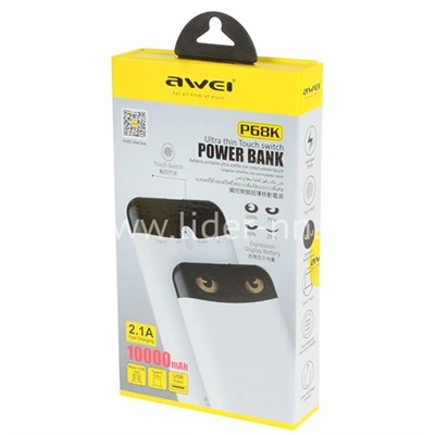 Портативное ЗУ (Power Bank) 10000mAh (AWEI P68K) USB/Type-C/2.1A (белый)